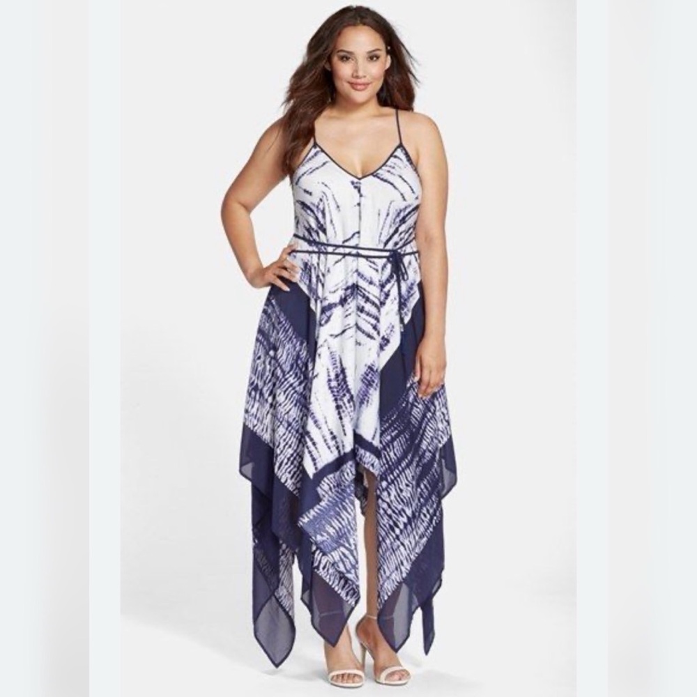 Lovely, blue and white Adrianna Papell handkerchief dress